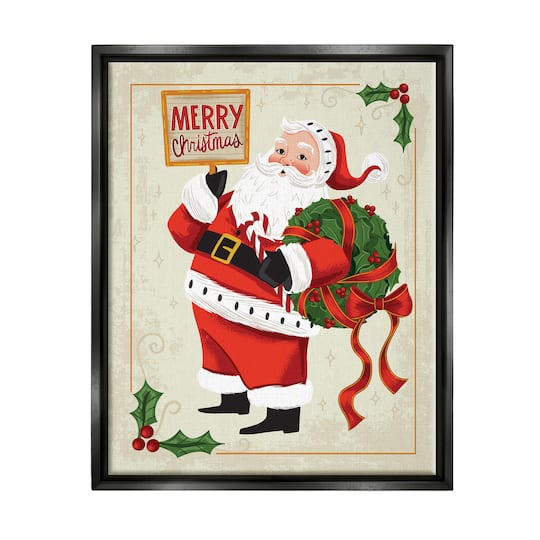 Stupell Industries Vintage Merry Christmas Santa Framed Floater Canvas Wall Art